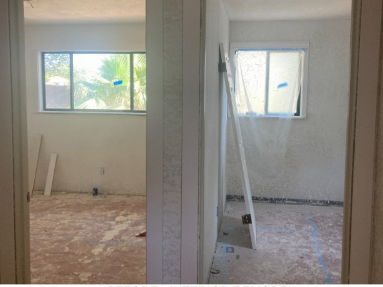 Before photo of residential interior remodel with stripped rooms and flooring removed
