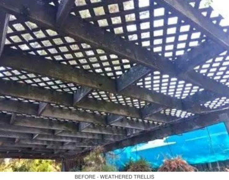 Before view of a weathered outdoor trellis with worn lattice overhead