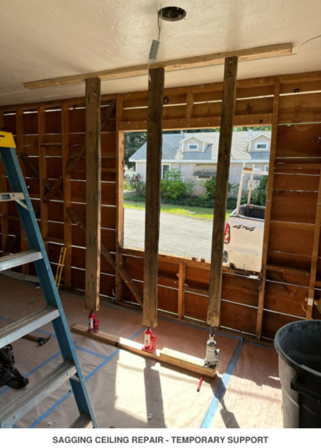 Sagging ceiling repair with temporary support posts inside a home under construction