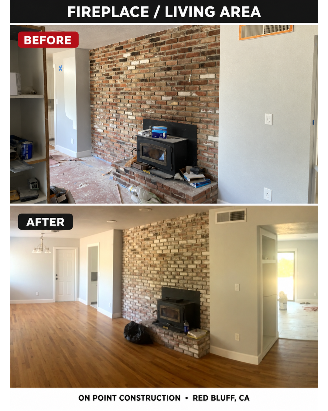 Before and after fireplace living area remodel