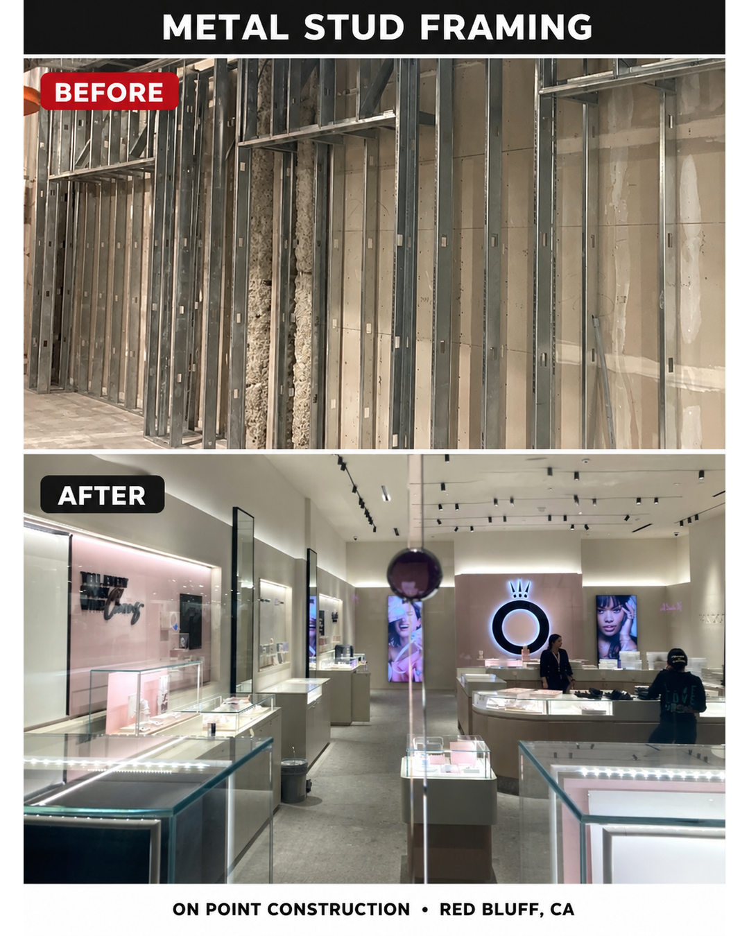 Before and after metal stud framing project