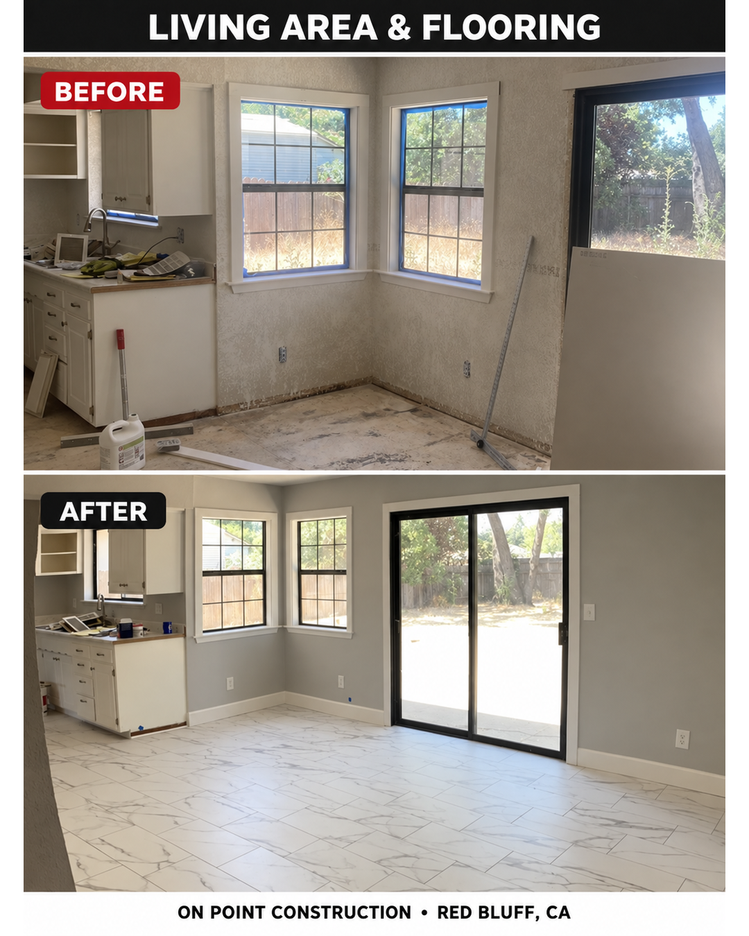 Before and after living area flooring remodel