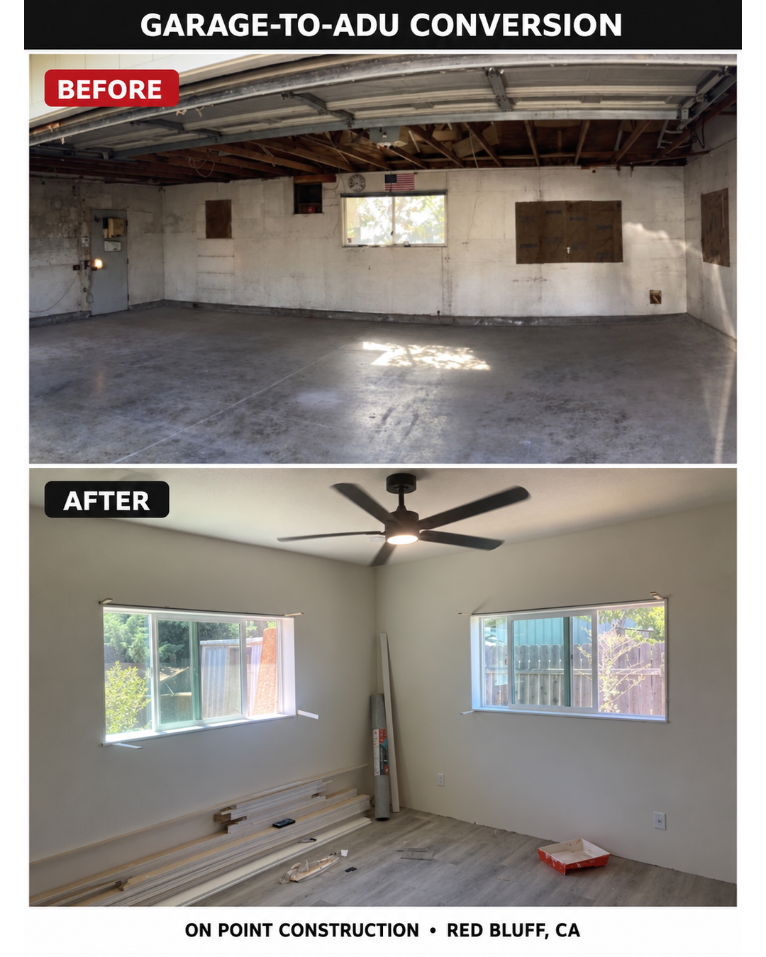 Before and after garage to ADU conversion